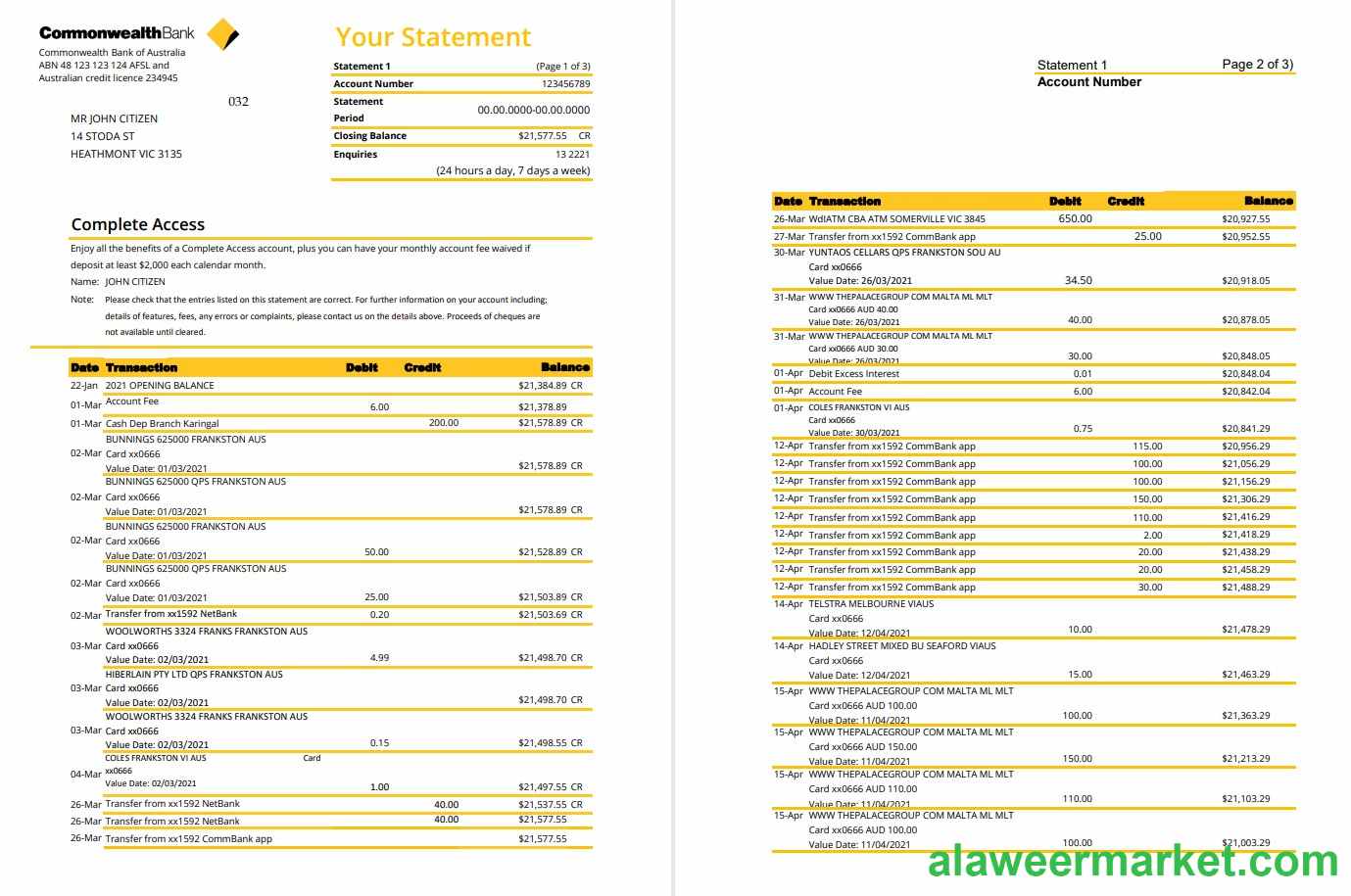 Australia Commonwealth bank statement template in Excel and PDF format (3 pages), version 2